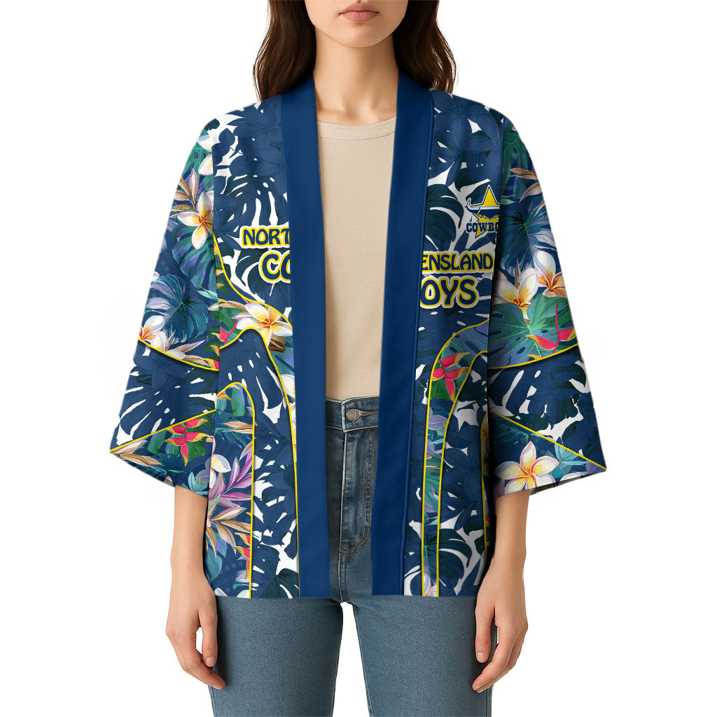 North Queensland Cowboys Kimono Tropical Hibiscus Floral Pattern With Blue And Yellow Accents