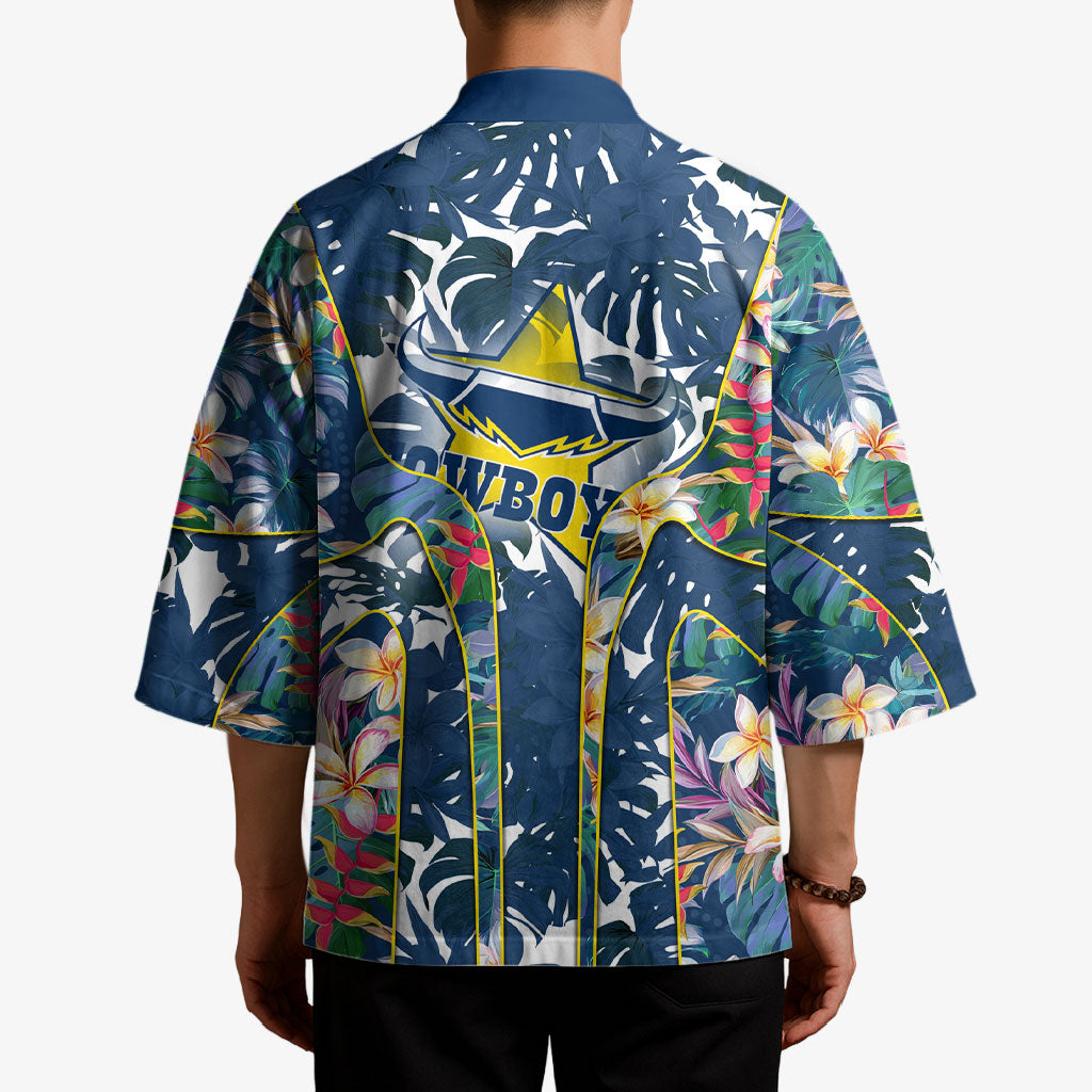 North Queensland Cowboys Kimono Tropical Hibiscus Floral Pattern With Blue And Yellow Accents