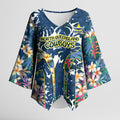 North Queensland Cowboys Kimono Sleeve Blouse Tropical Hibiscus Floral Pattern With Blue And Yellow Accents