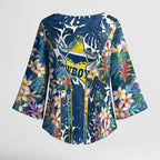 North Queensland Cowboys Kimono Sleeve Blouse Tropical Hibiscus Floral Pattern With Blue And Yellow Accents
