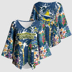 North Queensland Cowboys Kimono Sleeve Blouse Tropical Hibiscus Floral Pattern With Blue And Yellow Accents
