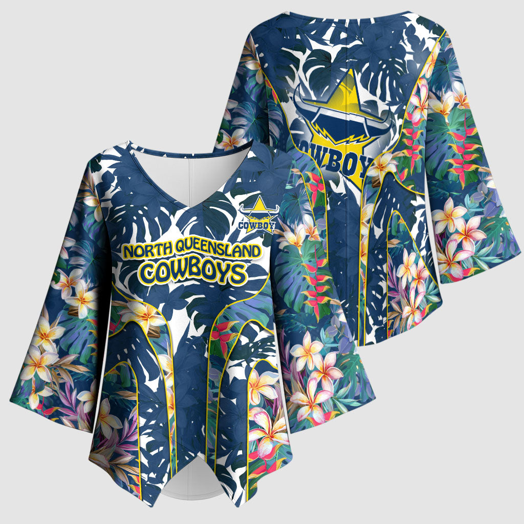 North Queensland Cowboys Kimono Sleeve Blouse Tropical Hibiscus Floral Pattern With Blue And Yellow Accents