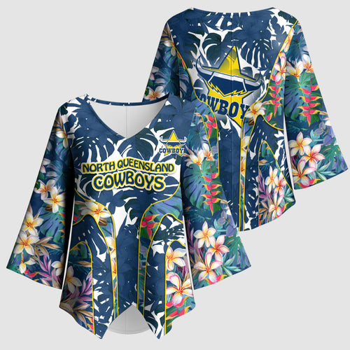 North Queensland Cowboys Kimono Sleeve Blouse Tropical Hibiscus Floral Pattern With Blue And Yellow Accents