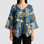 North Queensland Cowboys Kimono Sleeve Blouse Tropical Hibiscus Floral Pattern With Blue And Yellow Accents