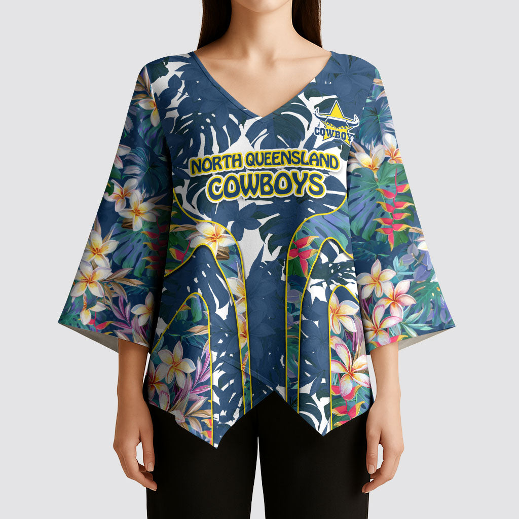 North Queensland Cowboys Kimono Sleeve Blouse Tropical Hibiscus Floral Pattern With Blue And Yellow Accents