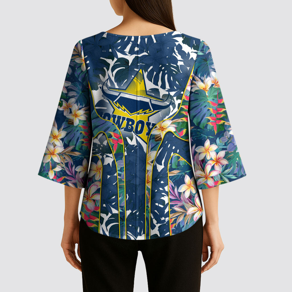 North Queensland Cowboys Kimono Sleeve Blouse Tropical Hibiscus Floral Pattern With Blue And Yellow Accents