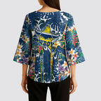 North Queensland Cowboys Kimono Sleeve Blouse Tropical Hibiscus Floral Pattern With Blue And Yellow Accents