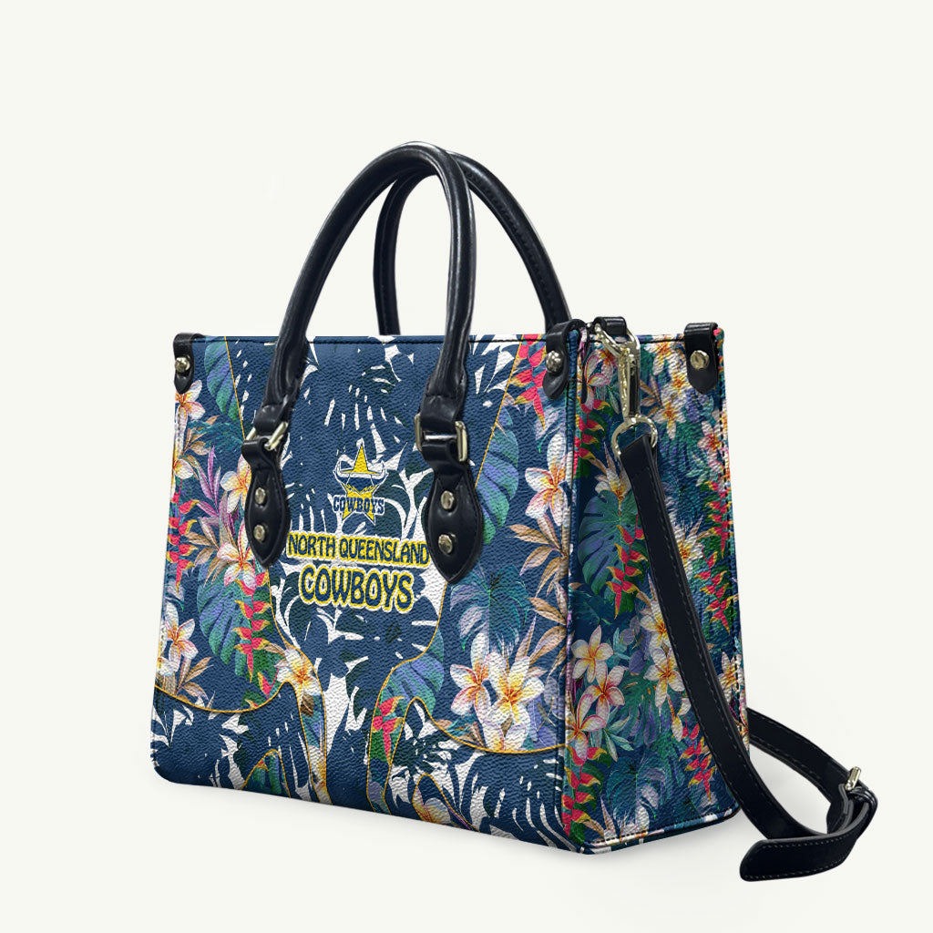North Queensland Cowboys Leather Bag Tropical Hibiscus Floral Pattern With Blue And Yellow Accents