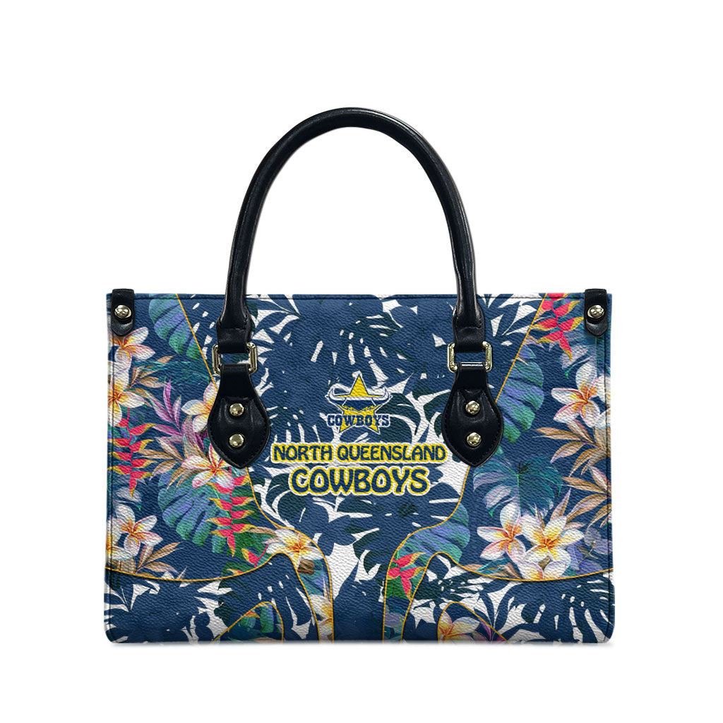 North Queensland Cowboys Leather Bag Tropical Hibiscus Floral Pattern With Blue And Yellow Accents