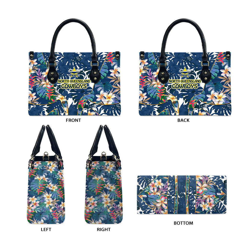 North Queensland Cowboys Leather Bag Tropical Hibiscus Floral Pattern With Blue And Yellow Accents