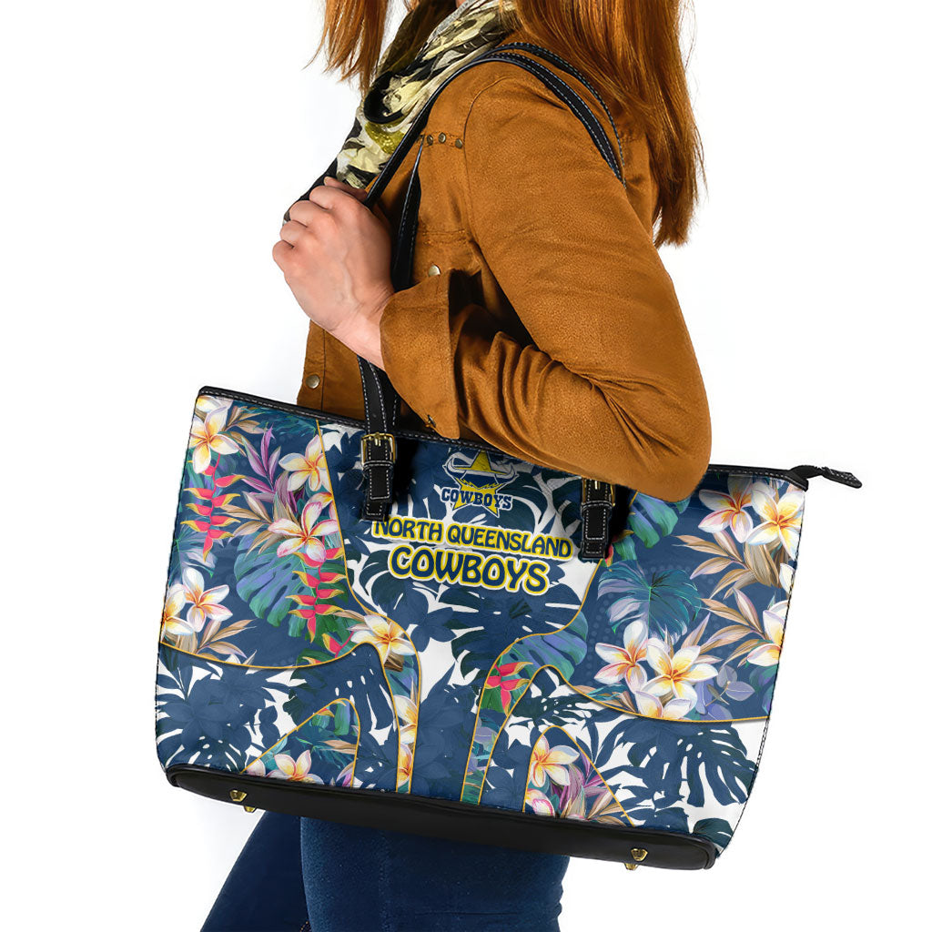 North Queensland Cowboys Leather Tote Bag Tropical Hibiscus Floral Pattern With Blue And Yellow Accents