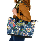 North Queensland Cowboys Leather Tote Bag Tropical Hibiscus Floral Pattern With Blue And Yellow Accents