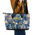 North Queensland Cowboys Leather Tote Bag Tropical Hibiscus Floral Pattern With Blue And Yellow Accents