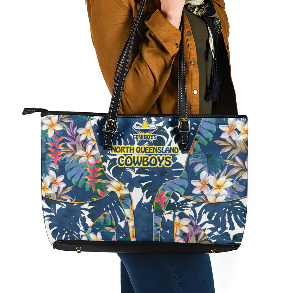 North Queensland Cowboys Leather Tote Bag Tropical Hibiscus Floral Pattern With Blue And Yellow Accents