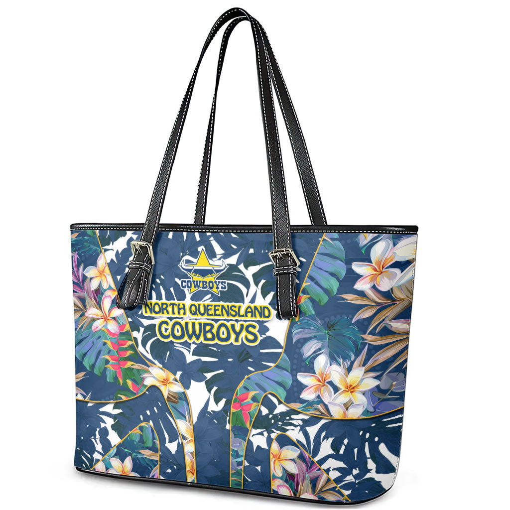 North Queensland Cowboys Leather Tote Bag Tropical Hibiscus Floral Pattern With Blue And Yellow Accents