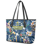 North Queensland Cowboys Leather Tote Bag Tropical Hibiscus Floral Pattern With Blue And Yellow Accents