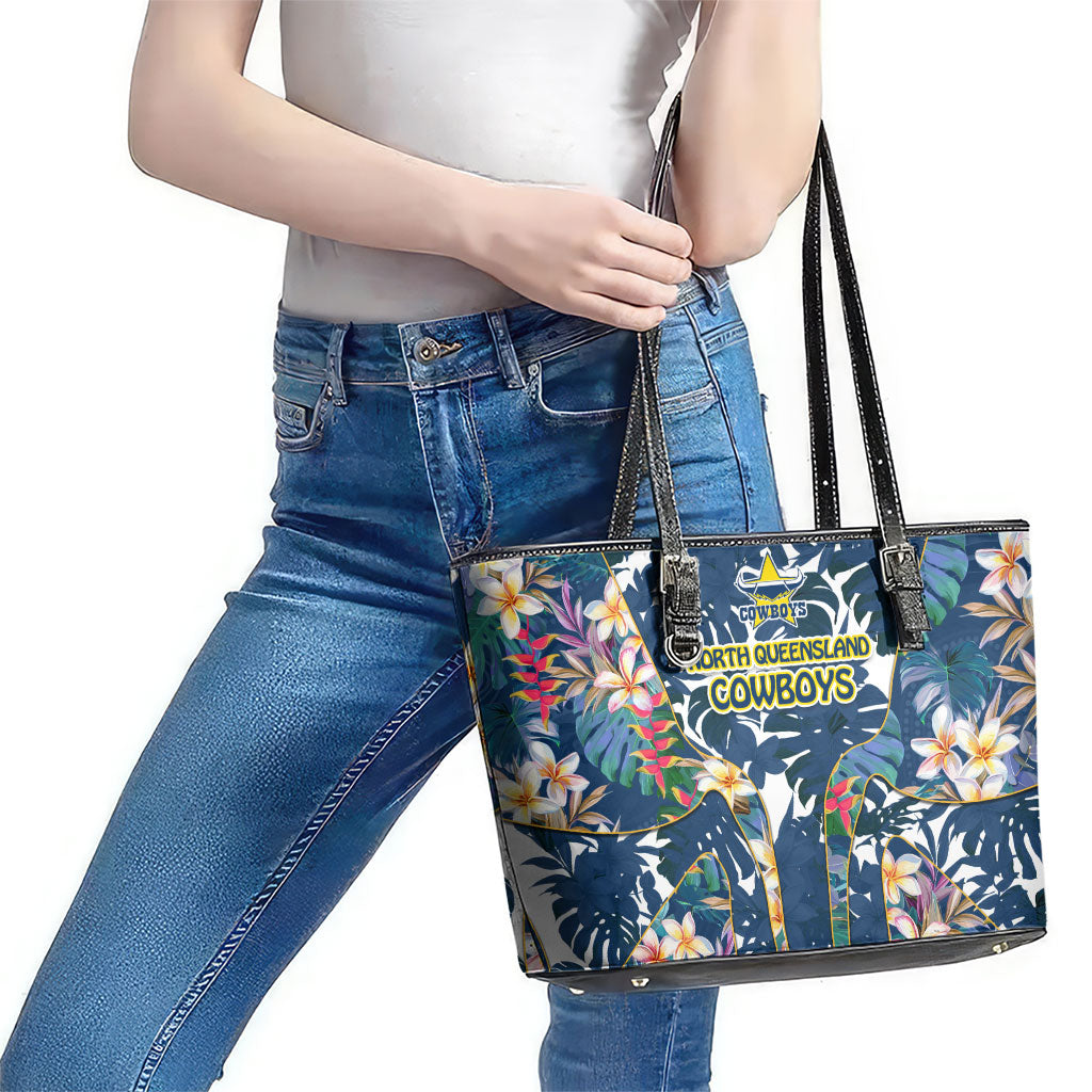 North Queensland Cowboys Leather Tote Bag Tropical Hibiscus Floral Pattern With Blue And Yellow Accents