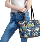 North Queensland Cowboys Leather Tote Bag Tropical Hibiscus Floral Pattern With Blue And Yellow Accents