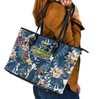 North Queensland Cowboys Leather Tote Bag Tropical Hibiscus Floral Pattern With Blue And Yellow Accents