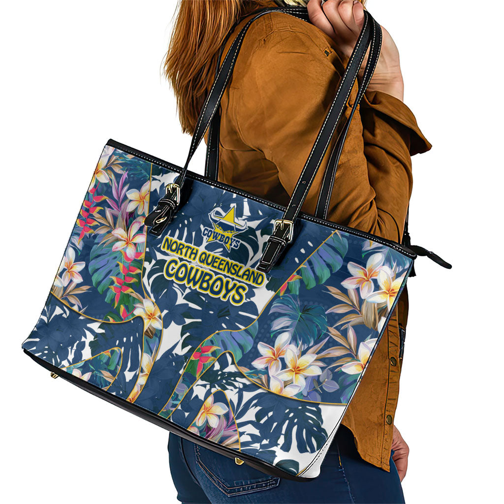 North Queensland Cowboys Leather Tote Bag Tropical Hibiscus Floral Pattern With Blue And Yellow Accents