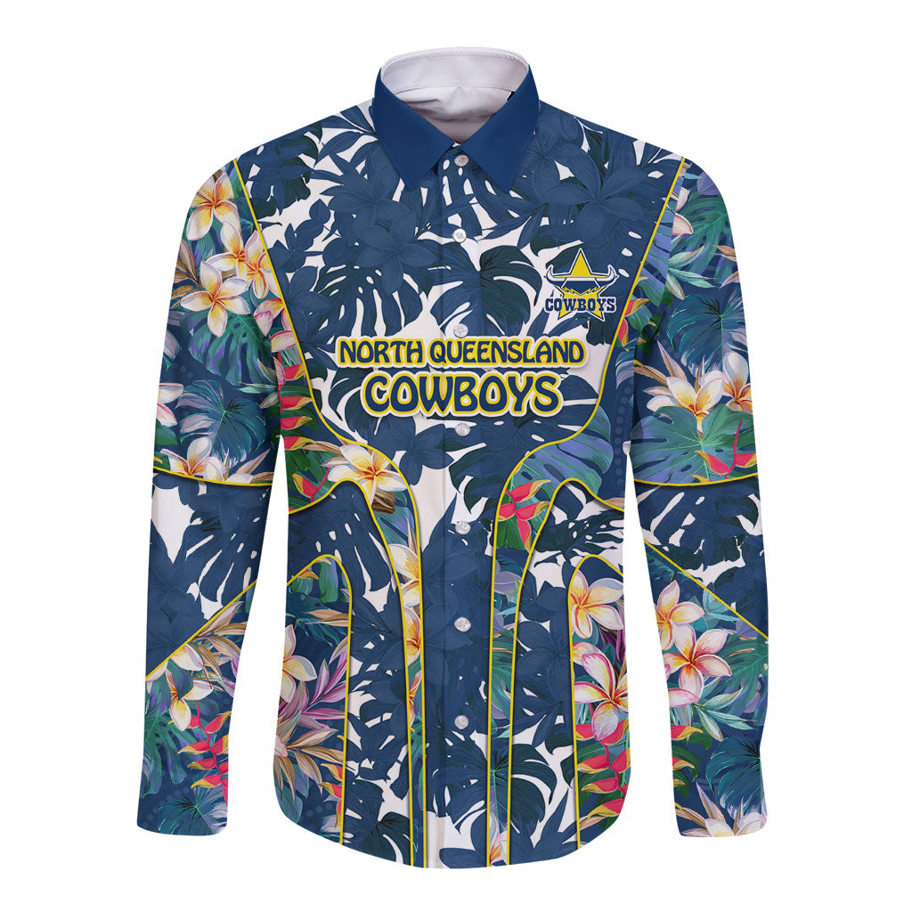 North Queensland Cowboys Long Sleeve Button Shirt Tropical Hibiscus Floral Pattern With Blue And Yellow Accents