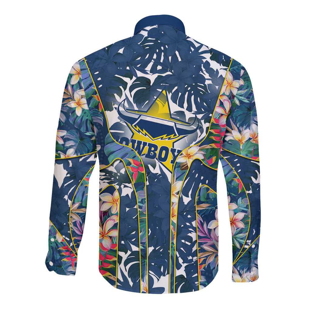 North Queensland Cowboys Long Sleeve Button Shirt Tropical Hibiscus Floral Pattern With Blue And Yellow Accents