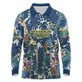North Queensland Cowboys Long Sleeve Polo Shirt Tropical Hibiscus Floral Pattern With Blue And Yellow Accents