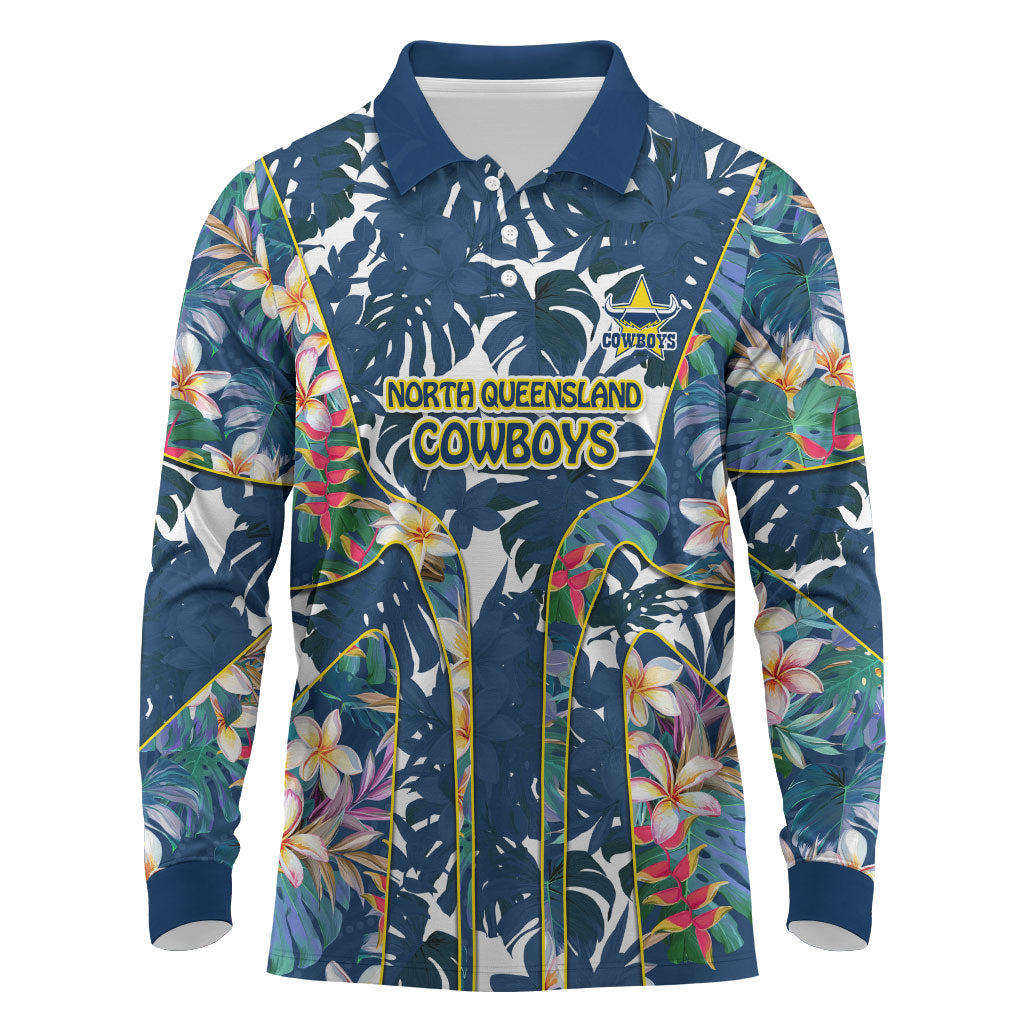North Queensland Cowboys Long Sleeve Polo Shirt Tropical Hibiscus Floral Pattern With Blue And Yellow Accents