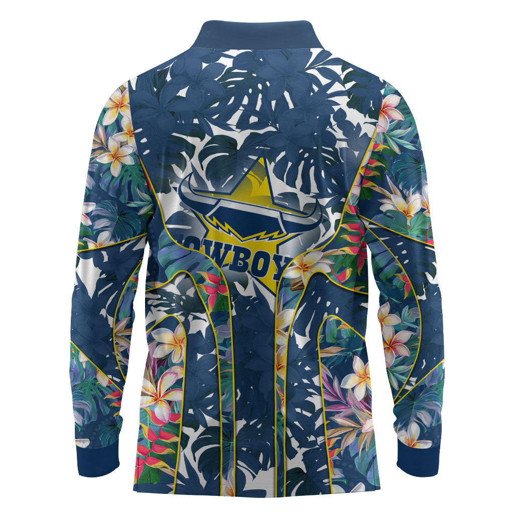 North Queensland Cowboys Long Sleeve Polo Shirt Tropical Hibiscus Floral Pattern With Blue And Yellow Accents