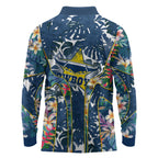 North Queensland Cowboys Long Sleeve Polo Shirt Tropical Hibiscus Floral Pattern With Blue And Yellow Accents