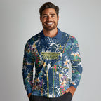North Queensland Cowboys Long Sleeve Polo Shirt Tropical Hibiscus Floral Pattern With Blue And Yellow Accents
