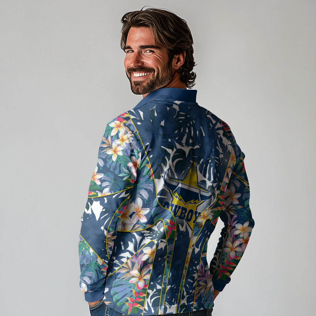 North Queensland Cowboys Long Sleeve Polo Shirt Tropical Hibiscus Floral Pattern With Blue And Yellow Accents