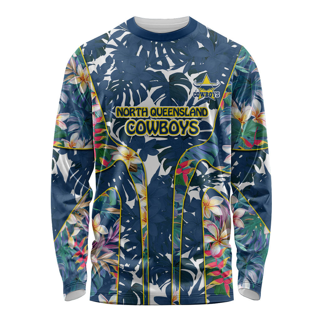 North Queensland Cowboys Long Sleeve Shirt Tropical Hibiscus Floral Pattern With Blue And Yellow Accents