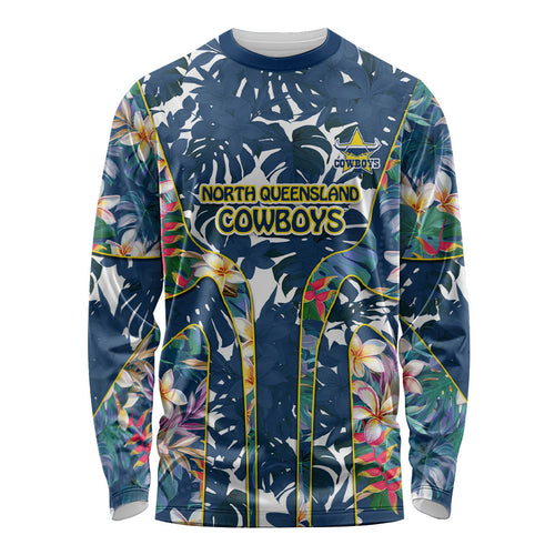 North Queensland Cowboys Long Sleeve Shirt Tropical Hibiscus Floral Pattern With Blue And Yellow Accents