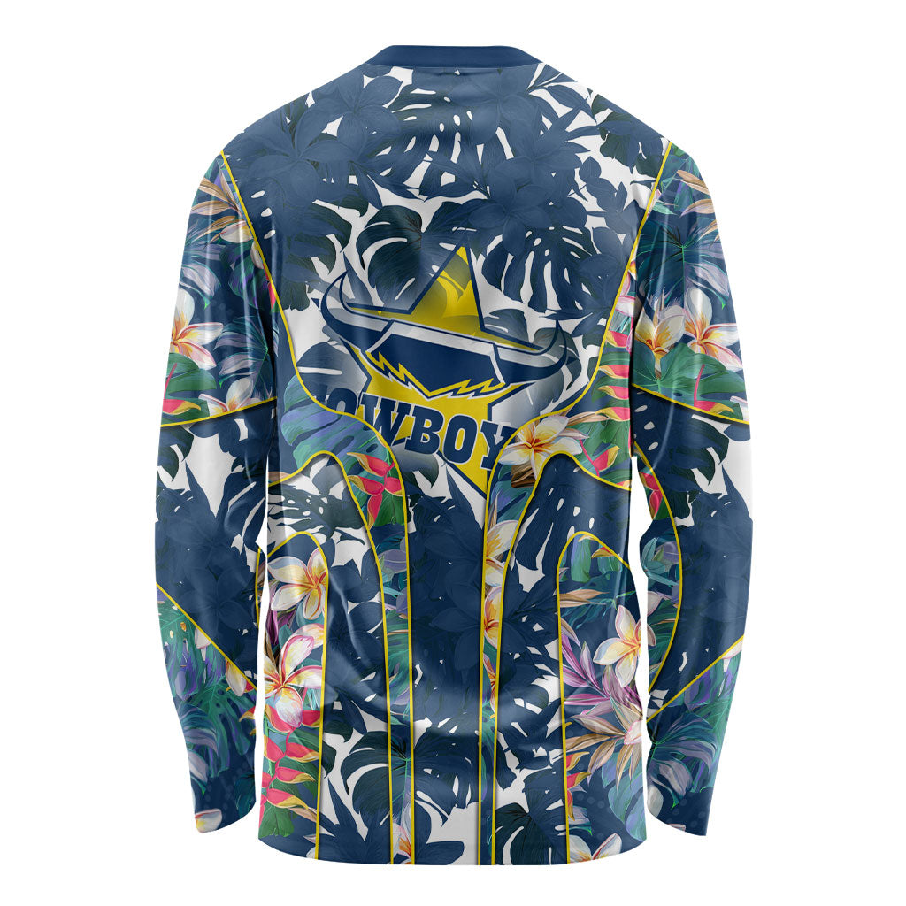 North Queensland Cowboys Long Sleeve Shirt Tropical Hibiscus Floral Pattern With Blue And Yellow Accents