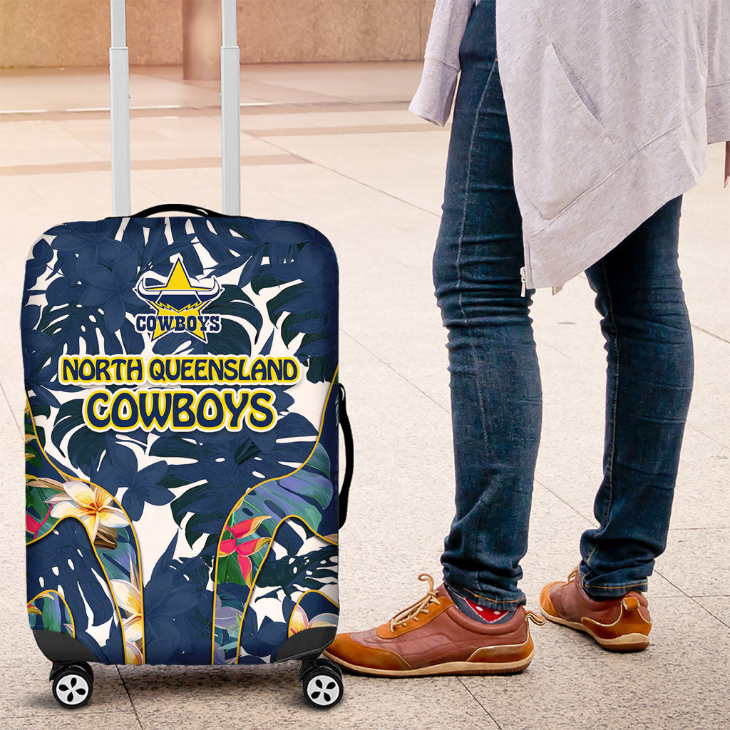 North Queensland Cowboys Luggage Cover Tropical Hibiscus Floral Pattern With Blue And Yellow Accents