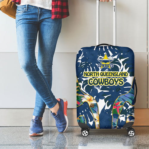 North Queensland Cowboys Luggage Cover Tropical Hibiscus Floral Pattern With Blue And Yellow Accents