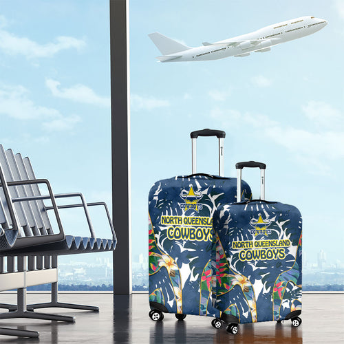 North Queensland Cowboys Luggage Cover Tropical Hibiscus Floral Pattern With Blue And Yellow Accents