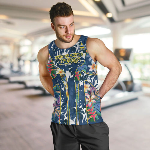 North Queensland Cowboys Men Tank Top Tropical Hibiscus Floral Pattern With Blue And Yellow Accents