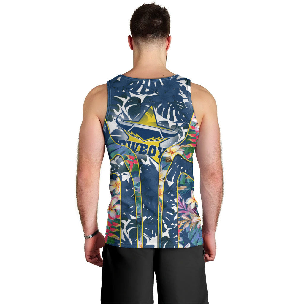 North Queensland Cowboys Men Tank Top Tropical Hibiscus Floral Pattern With Blue And Yellow Accents
