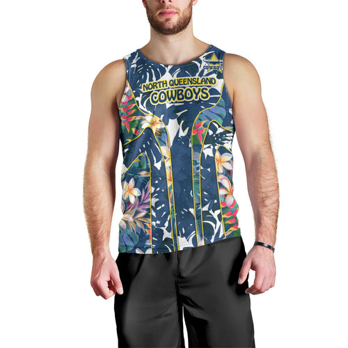 North Queensland Cowboys Men Tank Top Tropical Hibiscus Floral Pattern With Blue And Yellow Accents
