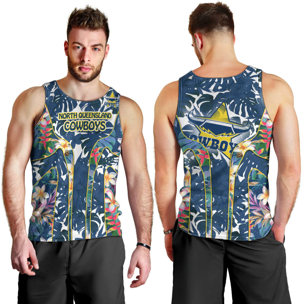 North Queensland Cowboys Men Tank Top Tropical Hibiscus Floral Pattern With Blue And Yellow Accents