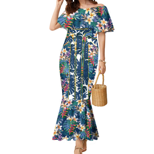 North Queensland Cowboys Mermaid Dress Tropical Hibiscus Floral Pattern With Blue And Yellow Accents