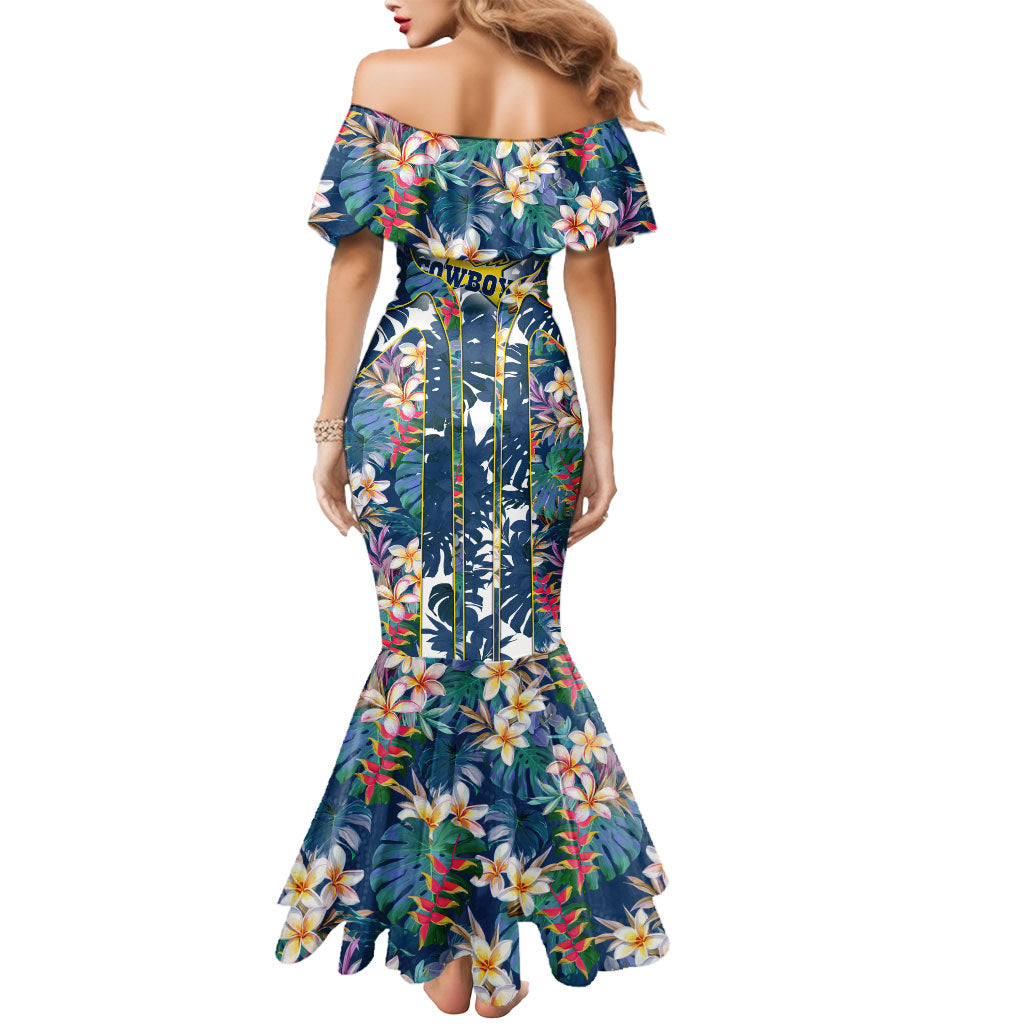North Queensland Cowboys Mermaid Dress Tropical Hibiscus Floral Pattern With Blue And Yellow Accents