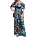 North Queensland Cowboys Off Shoulder Maxi Dress Tropical Hibiscus Floral Pattern With Blue And Yellow Accents