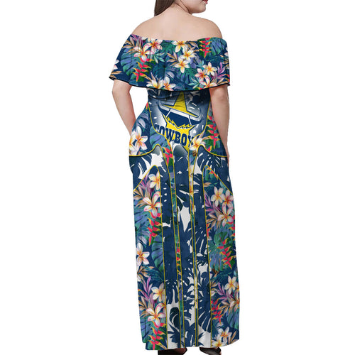 North Queensland Cowboys Off Shoulder Maxi Dress Tropical Hibiscus Floral Pattern With Blue And Yellow Accents