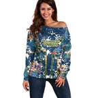 North Queensland Cowboys Off Shoulder Sweater Tropical Hibiscus Floral Pattern With Blue And Yellow Accents