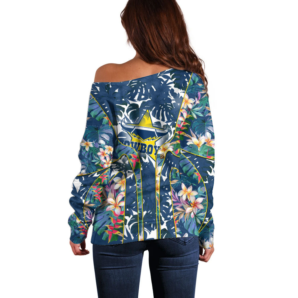 North Queensland Cowboys Off Shoulder Sweater Tropical Hibiscus Floral Pattern With Blue And Yellow Accents