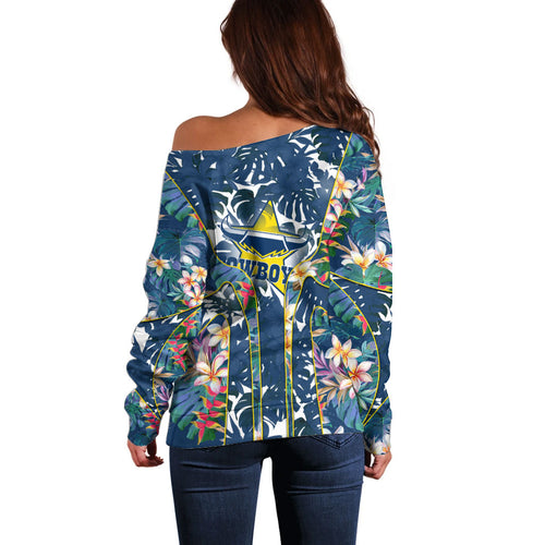 North Queensland Cowboys Off Shoulder Sweater Tropical Hibiscus Floral Pattern With Blue And Yellow Accents