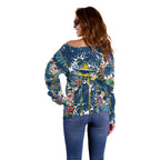 North Queensland Cowboys Off Shoulder Sweater Tropical Hibiscus Floral Pattern With Blue And Yellow Accents